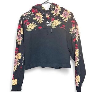 Puma Floral Hoodie Women’s Large Black Cropped Sweatshirt Streetwear